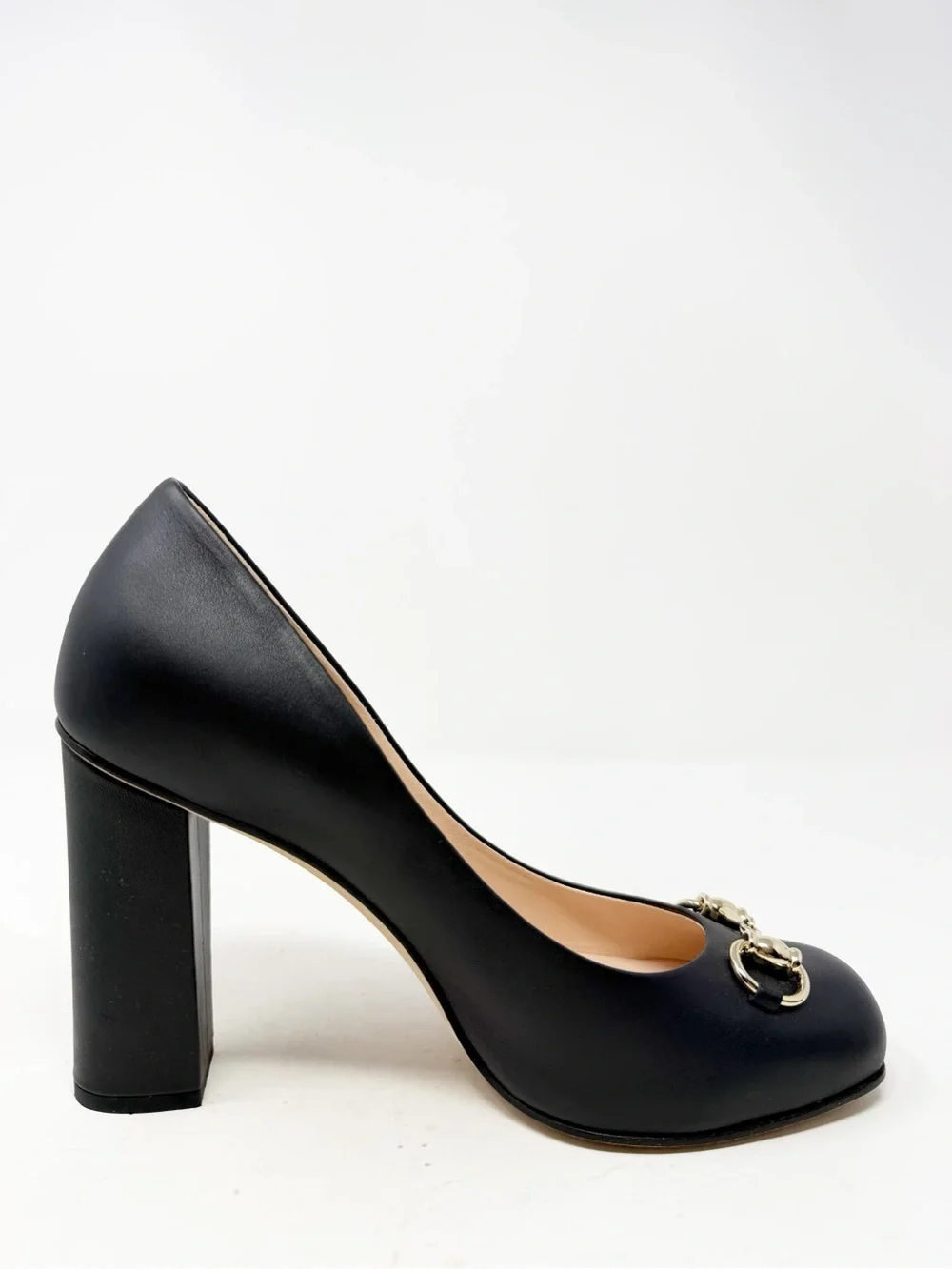 Gucci Horsebit Block Heel Black Leather Heels Womens Size EU 38